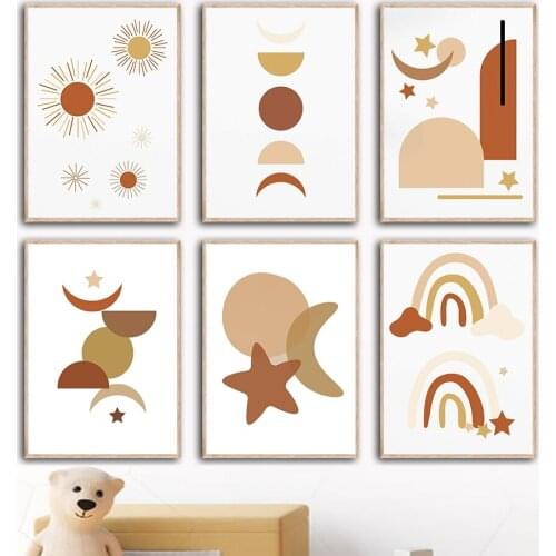 Rainbow Sun Moon Orange Nursery Wall Art Canvas Painting Nordic Posters And Prints Wall Pictures Kids Girl Boy Baby Room Decor