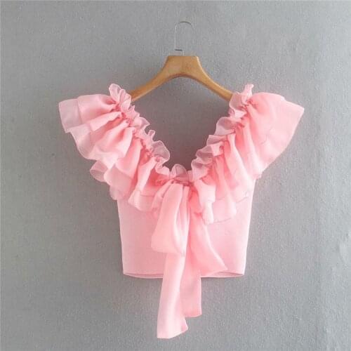 Chic Lady Summer Mesh Cascade Ruffles V-neck Patchwork Short Za Blouse Womens Stylish Short Sleeve Elastic Knitted Tops blusas