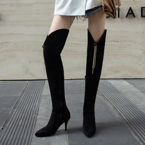 Teng Easy Reach Winter Over The Knee Women Boots Stretch Fabrics High Heel Slip on Shoes Pointed Toe Woman Long Boots Size 34-43