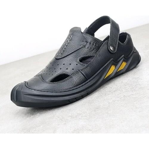 Vintage Summer Mens Soft-Soled Genuine Leather Sandals Slippers Elastic Band Casual Beach Shoes Hand-made Hole Anti-Slip Shoes