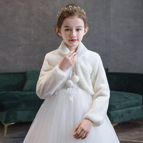 Yoliyolei Kids White Furry Coat Flower Girl Plush Shawl for Wedding Birthday Children Girls Dress Winter Autumn Spring Party