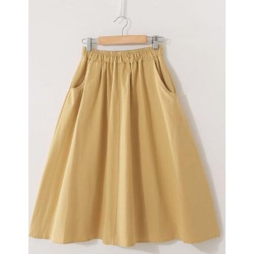 Midi Skirt Women New Fashion Elastic Waist Side Pockets Ruched Sun Falda Female Casual Solid Color Empire A-Line Cotton Skirt