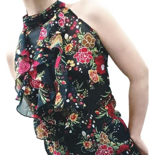 Girl Sexy Off Shoulder Printing Blouse Chiffon Female Tops Summer 2021 Thin Transparent Print Casual Backless Sleeveless Shirts