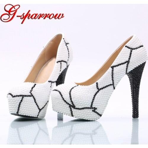 Bridesmaid Shoes Plus Size White Pearl with Black Rhinestone Wedding Shoes Women High Heel Platform Shoes Party Prom Pumps