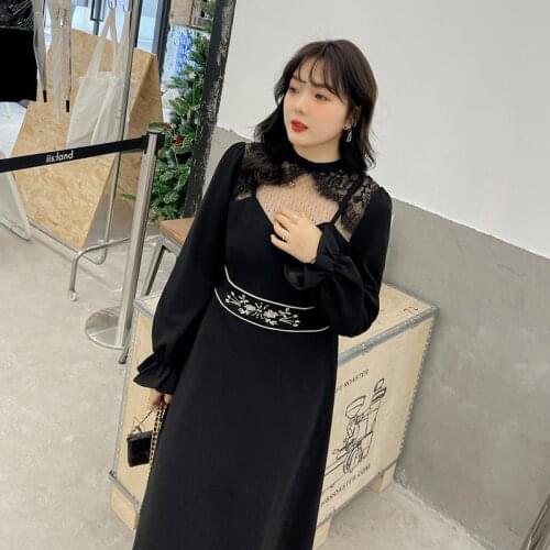 Womens Spring Round Neck Hollow Embroidered Lace Dress Plus Size Calf Length Casual Wear 100kg Can Wear