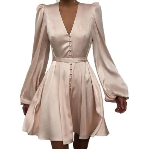 Sukienka Women Vintage Mini Dress Sexy Pleated deep v-neck buttons slim waist full sleeve autumn dress oversize vestido demujer