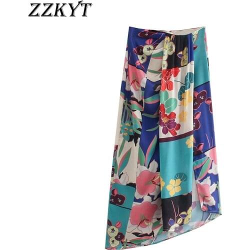 ZZKYT 2021 Women Summer Vintage Floral Print Irregular Midi Skirt Fashion Pleated High Waist Zipper Casual Faldas Vestidos Mujer