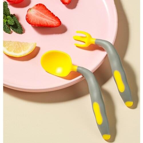 2Pcs/Set Baby Twist Fork Spoon Suit Infant Training Spoon Curved Portable PP Tableware Sets Patchwork Color Anti-slip Utensils