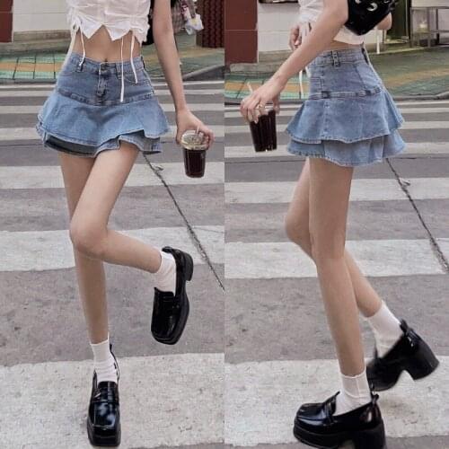 2021 summer new style a-line pleated skirt denim skirt female high waist hot girl ruffled fishtail skirt DQ1351