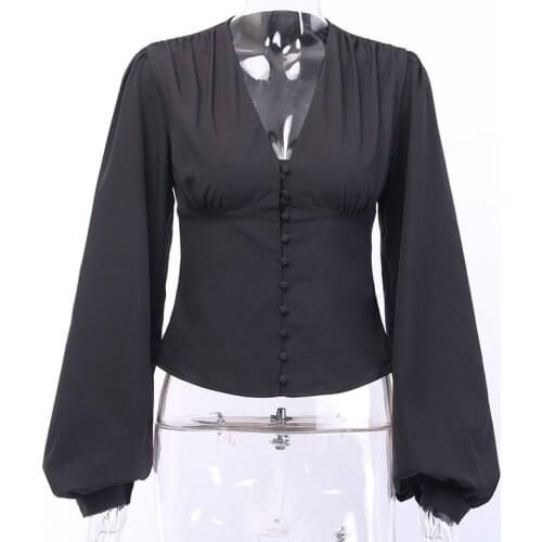 Long Sleeve Slim Fashion Autumn New Elegant Lady Shirt Top Blouses Woman 2021 Sexy Deep V-Neck Black Button Lantern