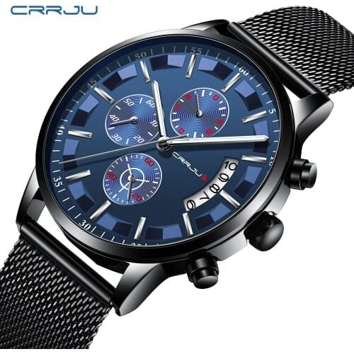 Top Brand Luxury Crrju Watches Men Stainless Steel Ultra Thin Chronograph Watch Men Classic Quartz Wrist Watch Relogio Masculino