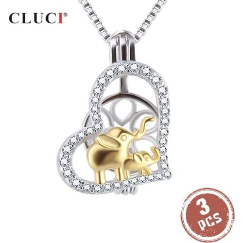 CLUCI 3pcs Silver 925 Cute Charms Pendant Jewelry 925 Sterling Silver Heart Zircon Elephant Pearl Pendant Locket SC360SB
