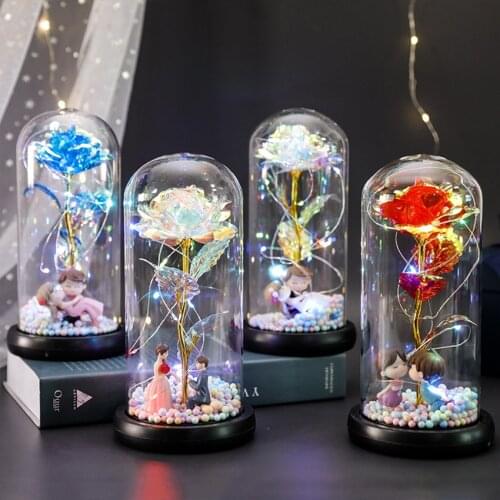 2021 LED Enchanted Galaxy Rose Eternal 24K Gold Foil Flower With Fairy String Lights In Dome For Christmas Valentines Day Gift
