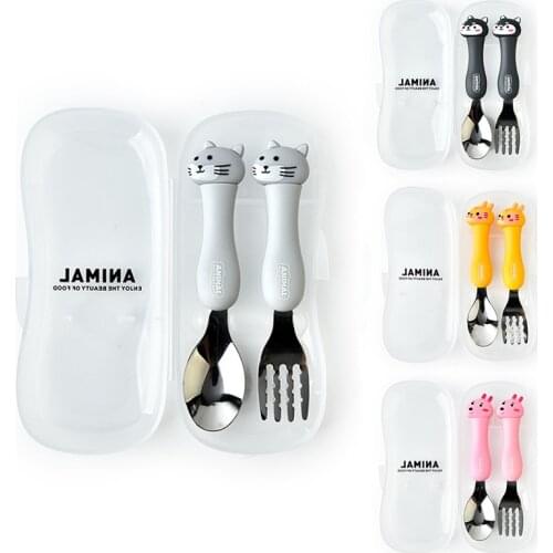 Baby Tableware Cute Cartoon Animal Kids Feeding Spoons Forks Set Silicone Handle Stainless Steel Children Cutlery Infant Things