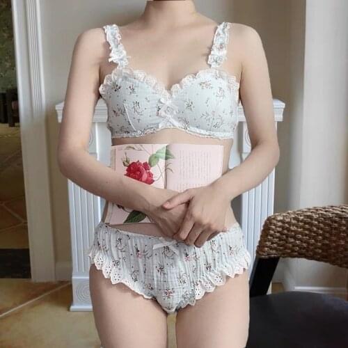 Kawaii Lingerie Seamless Lounge Underwear Set Women Girls Japanese Sexy Ruffles Bra and Panty Briefs Floral Cotton Bra Panties