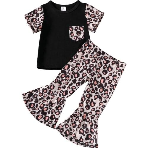 Girls Sets New Summer Leopard Print Children Short Sleeve T-shirt Flare Pants 2PCS Kids Suit Fashion 0-5T Children Clothes