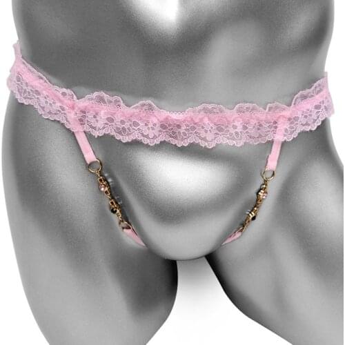 Lace Frilly Sissy Panties With Metel Chain Thong Men Open Crotch Underwear Sexy Lingerie Gay Funny Underpants