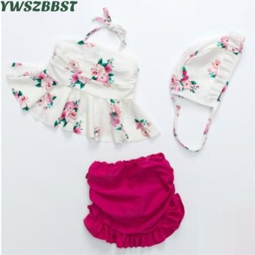 New Girls Swimwear Two Pieces with Hat Child Swimsuit for Girls Floral Summer Bikini Sets Kids Swimsuit Lovely Swimwear