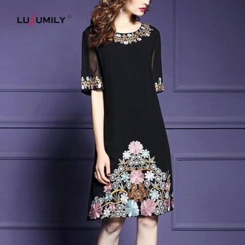 Lusumily Autumn Dress Women Embroidery Black Vintage Casual Elegant Party Dress Short O-neck Slim Dress Winter Lady Vestidos