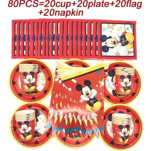 Disney Mickey Mouse Party Theme Supplies Set Tableware Paper Cup Plate Banner Flag Decoration Mickey Anniversaire Party Supplier