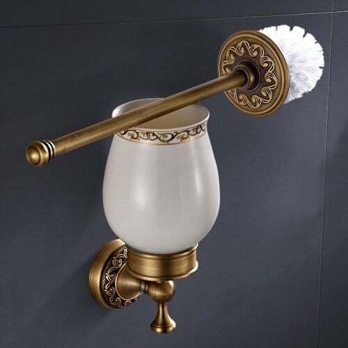 Antique Toilet Brush Holder Set Wall-mounted Bathroom Brass Ceramic Cup Toilet Brush Bathroom Hardware Accessories