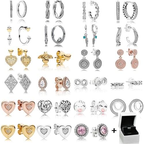 NEW 100% 925 Sterling Silver Earrings Glittering Heart Signature Round Eardrop Rose Gold Ear Studs Fit Original Packing Box