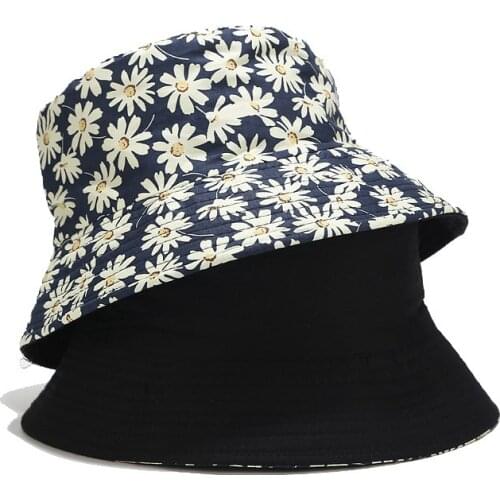 New Reversible Daisy Pattern Bucket Hats For Mens Women Summer Black Floral Sun Hat Gorras Outdoor Fisherman Hip Hop Caps Panama