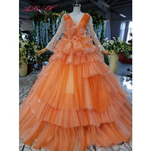 AnXin SH Luxury princess flower orange lace o neck beading crystal illusion long sleeve lace up wedding dress 100% real photo