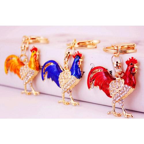 2021 Fashion Chicken Keychains Gold Color Rhinestone Bag Pendant Key Ring Rooster Keychains Women Gifts Jewelry