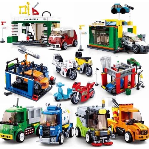 Sluban car garbage truck model wash sets building blocks bricks kids toy gas repair station city super great vehicle motorbike