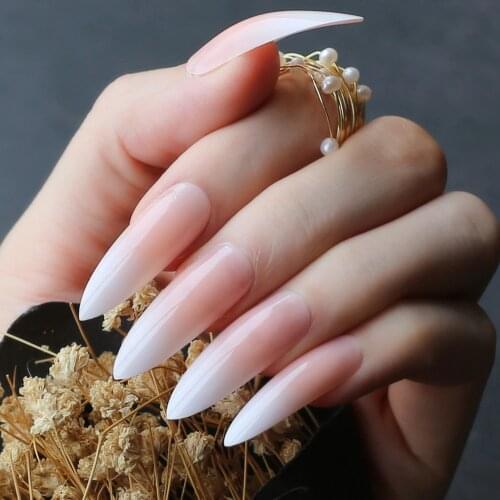 Super long Ombre shiny fake nails medium almond art design nails pink Salon French Line Tips Stiletto nude glossy false nails