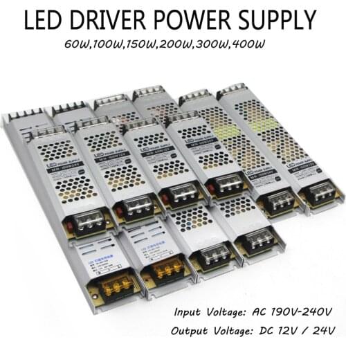 Ultra Thin 60W 100W 150W 200W 300W 400W LED Power Supply AC190-240V Driver to DC 12V 24V Lighting Transformers For LED Strips