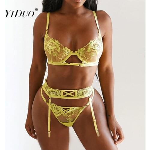 YiDuo Fashion Yellow Underwear Set Transparent Lace Lingerie 3 Piece Set Womens Underwire Push Up Bra Sexy Brief Sets Club