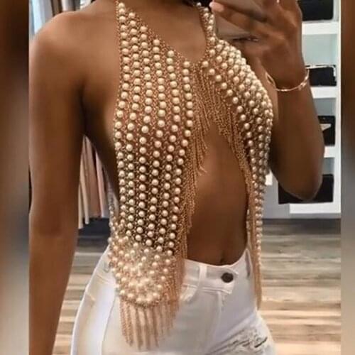 Cross-border Jewelry Sexy Exaggerated Handmade Body Clothing Chain Pearl Net Tassel Personality Street Style Chest Chain Female