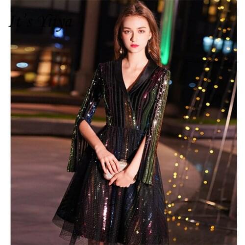 Its Yiiya Cocktail Dress 2019 V-Neck Three-Quarter Woman Robe Cocktail Dresses Plus Size Sequin Knee-Length Cocktail Gowns E804