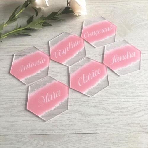10pcs Personalize Differant Names Blush Table Name Cards Transparent Acrylic Card Laser Cut Hexagon Shape Design