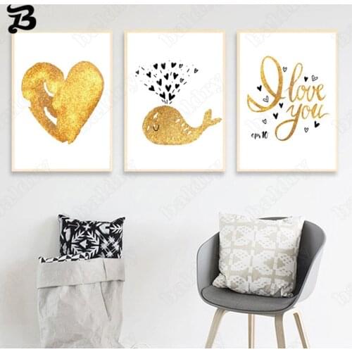 Canvas Painting Wall Art Golden Love Heart Whale and Quote Cartoon Nordic Posters and Prints Wall Pictures for Living Room Decor