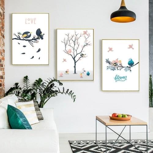 Nordic Minimalist Love Bird Big Tree Canvas Painting Cute Cartoon Animal Poster Restaurant Living Room Art Decoration Pictures