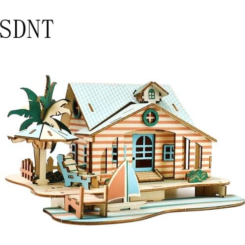 Bali Holiday Villa Model 3D Wooden Puzzle Toys for Kids DIY Painted Coloration Jigsaw Puzzle Game Educational Toys for Children