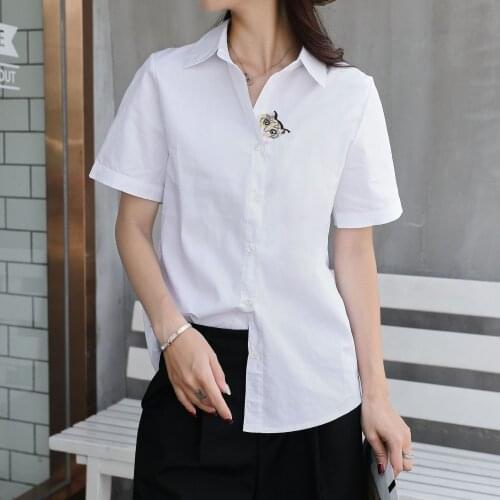 2021 summer new long over-the-knee dre summer loose cotton and linen Summer new style Korean college style embroidered cat shirt