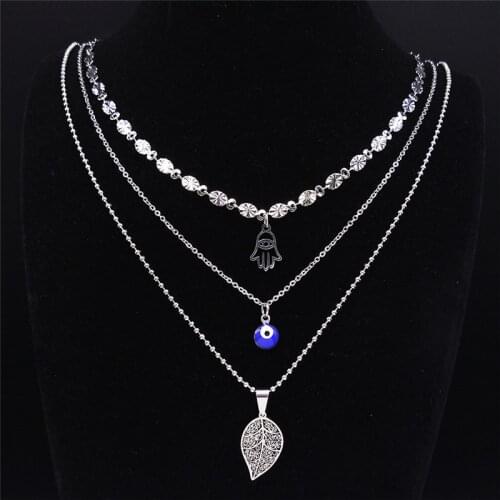 3pcs Stainless Steel Islam Hamsa Hand Layered Necklace Women Silver Leave of Life Jewelry collar acero inoxidable mujer NXS04