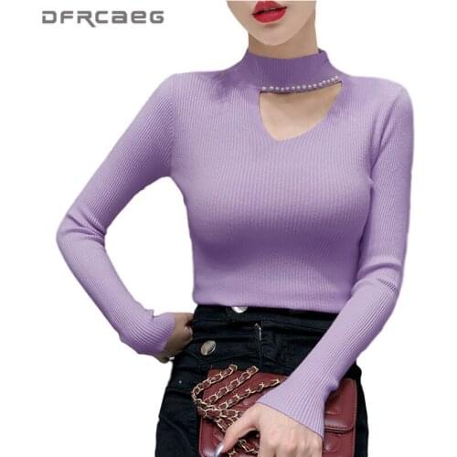 Sexy Hallow Out Slim Woman Knitwear Tops With Beading 2020 Autumn Long Sleeve Pullovers Knitted Sweaters Bottoming Clothes