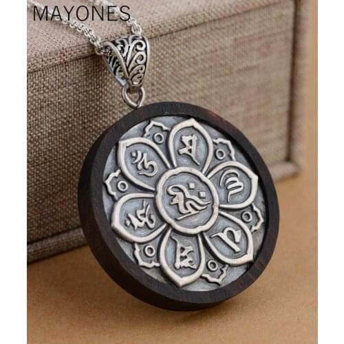 Genuine 925 Sterling Silver Blackwood OM Mantra Pendant Six Words Carved Tibet Pendant Prayer Yoga Chakra Buddhist Jewelry