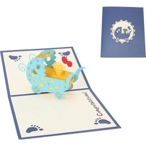 Vintage 3D Pop Up Origami Paper Laser Cut Greeting Cards Baby Carriages Design Birthday Postcards DIY Kirigami Invitation Card