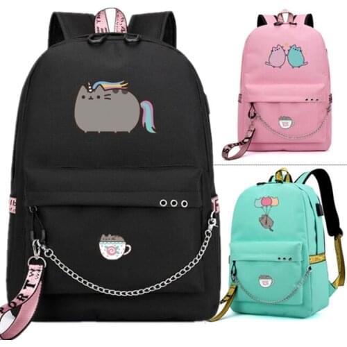 Kawaii Unicorn Cat Reading Book USB Port Backpack With USB Charging Chain Headphone Port School Bags Travel Book Laptop Cartoon