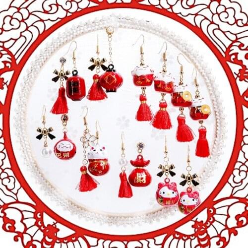 Maneki Neko Fortune Cat Bell Ear Stud tassel national lantern shape earrings Pretty Jewelry
