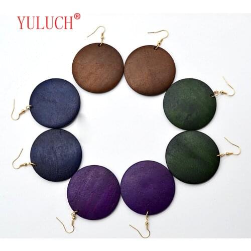 YULUCH New Personality New Design Big Handmade Natural African Wood Earrings for Women Jewelry 6 Colors Girl Gifts