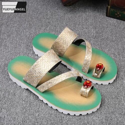 Summer Fashion Mens Crystal Beach Slippers Antiskid Platform Cow Leathe Slides Flip Flops Outside Casual Shoes Vintage Slippers