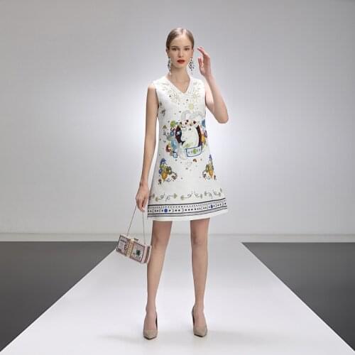 Heavy Beaded Women Animal Print Dress Elegant V-Neck Sleeveless A-Line Dresses 3187