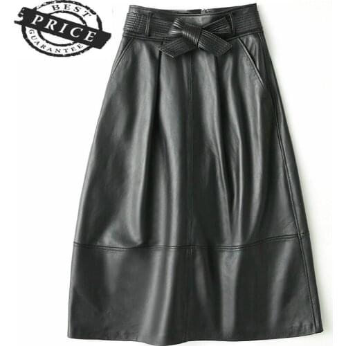 Spring Autumn Long Genuine Leather Skirts Womens Casual Black Real Sheepskin Skirt Plus Size Elegant Clothes 2021 LWL1a22
